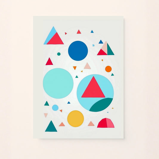 Poster decorativo per bambini con forme geometriche in movimento , perfetto per decorare la cameretta e stimolare la percezione visiva e il senso del ritmo attraverso il colore e le forme.
