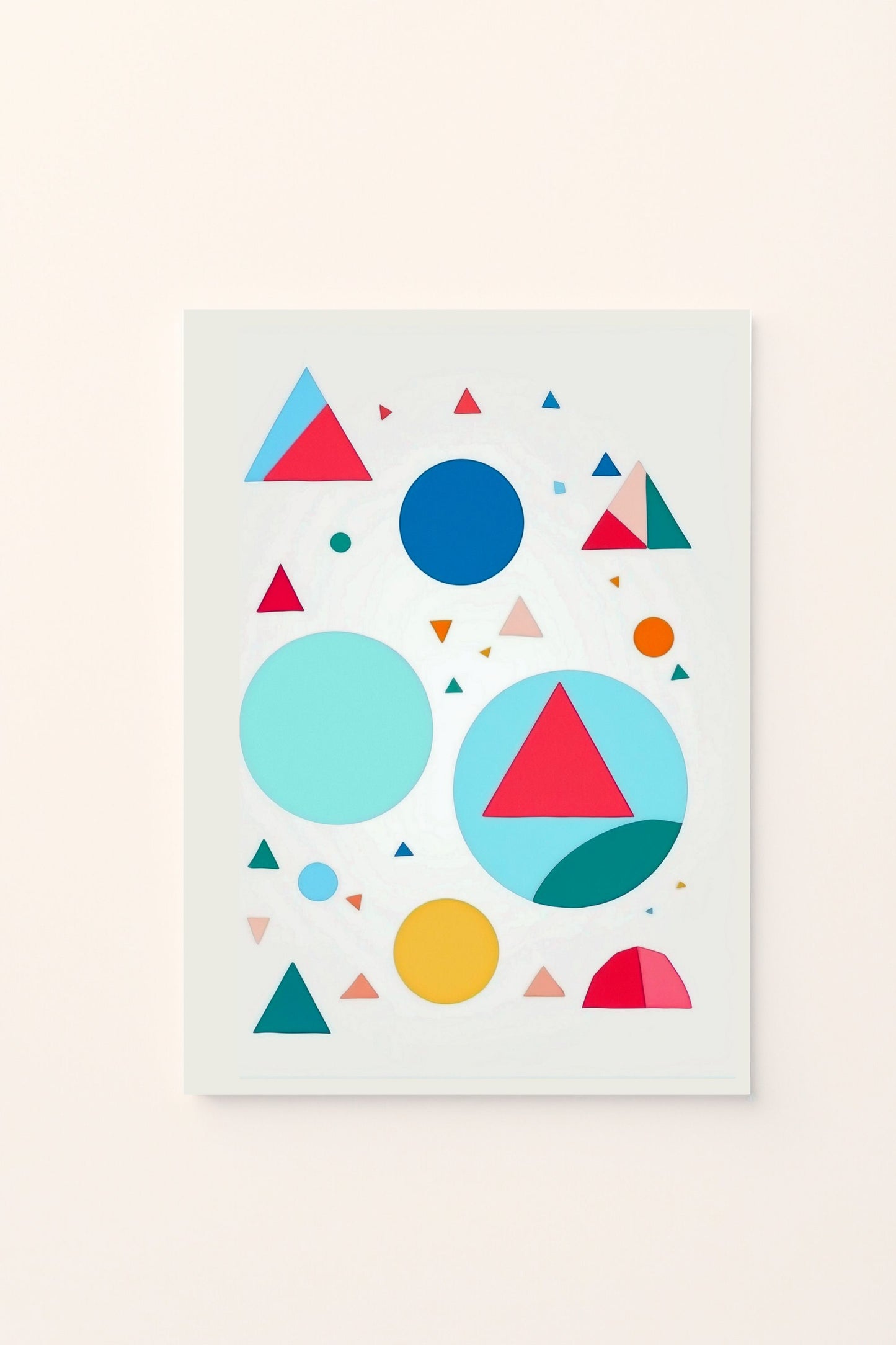Poster decorativo per bambini con forme geometriche in movimento , perfetto per decorare la cameretta e stimolare la percezione visiva e il senso del ritmo attraverso il colore e le forme.
