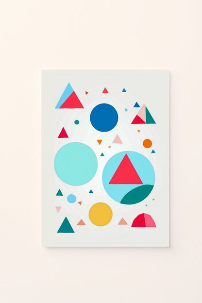 Poster decorativo per bambini con forme geometriche in movimento , perfetto per decorare la cameretta e stimolare la percezione visiva e il senso del ritmo attraverso il colore e le forme.
