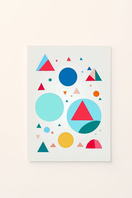 Poster decorativo per bambini con forme geometriche in movimento , perfetto per decorare la cameretta e stimolare la percezione visiva e il senso del ritmo attraverso il colore e le forme.
