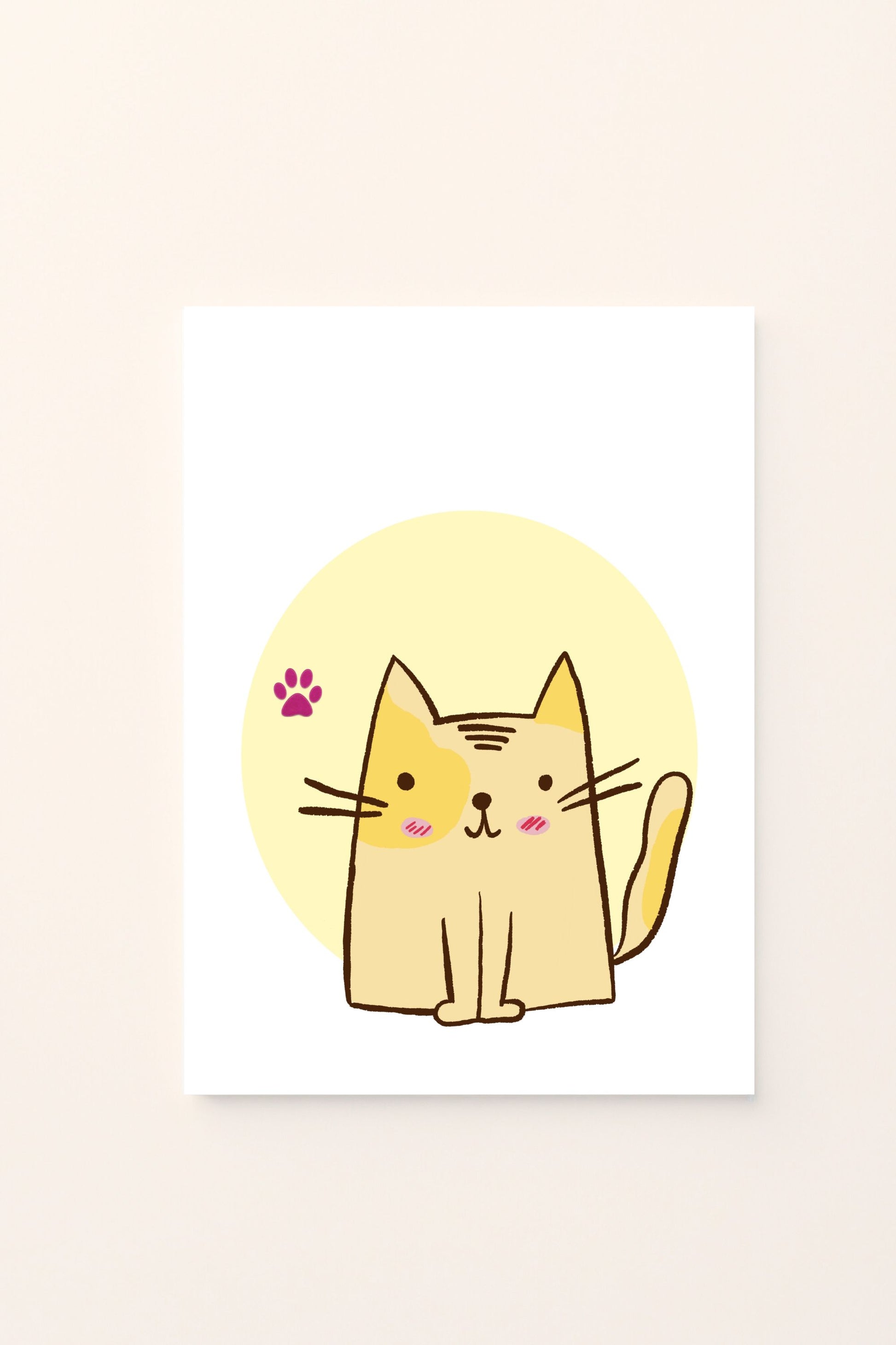 Poster illustrato con gattino rosa su sfondo rosato, perfetto per decorare la cameretta dei bambini con un’immagine dolce e tenera dal tono pastello.