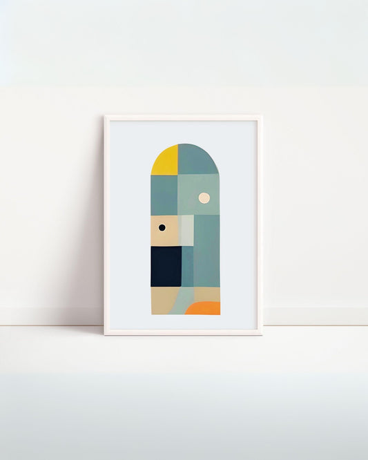 Poster con forme geometriche moderne in cornice bianca, sfondo neutro.
