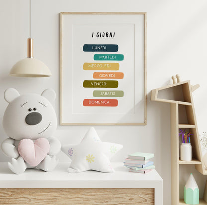 Poster per bambini da stampare con i Giorni della Settimana - su mensola con orsetto_PrintableChild
