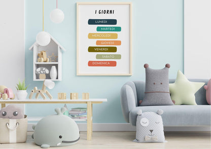 Poster per bambini da stampare con i Giorni della Settimana - sopra  divano con  peluche _PrintableChild