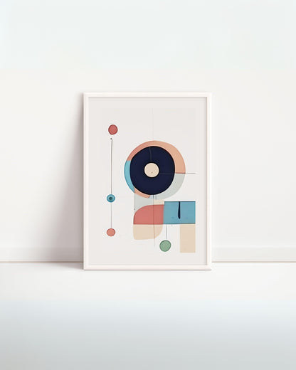 Poster digitale Linee, Cerchi e Quadrati – design geometrico moderno con cerchi e quadrati colorati, ideale per cameretta bambini, stampa minimal su sfondo bianco.