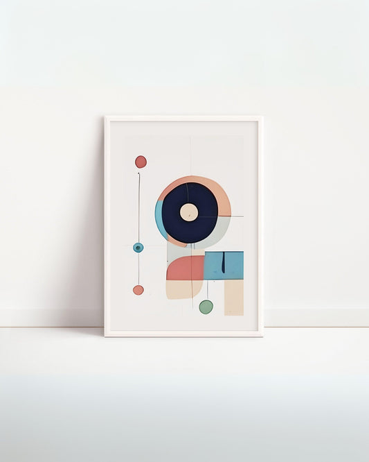 Poster digitale Linee, Cerchi e Quadrati – design geometrico moderno con cerchi e quadrati colorati, ideale per cameretta bambini, stampa minimal su sfondo bianco.