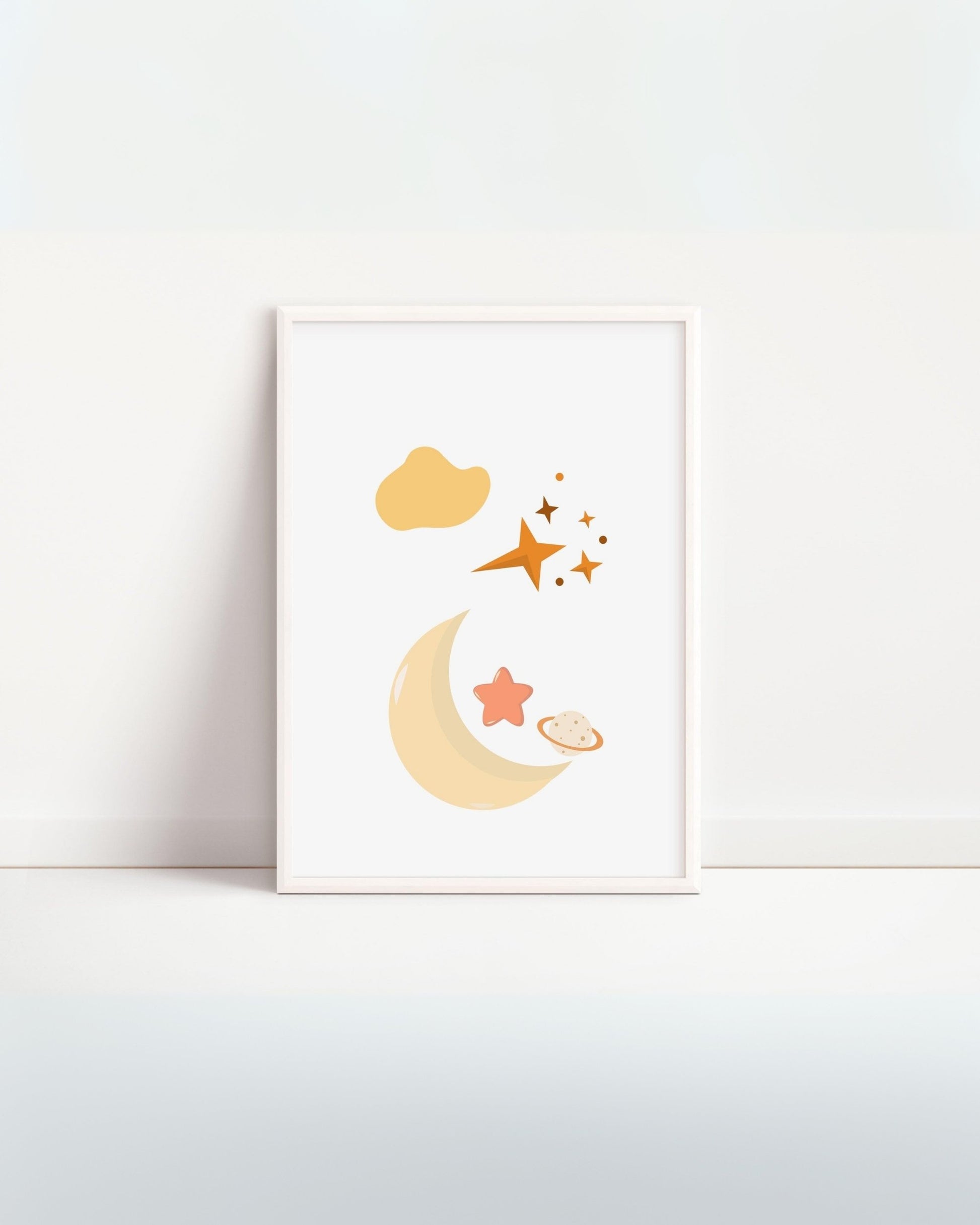 Poster decorativo per bambini con luna dorata, nuvole e stelle, stampa digitale minimalista