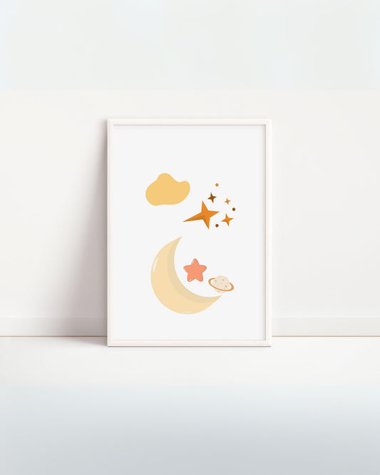 Poster decorativo per bambini con luna dorata, nuvole e stelle, stampa digitale minimalista