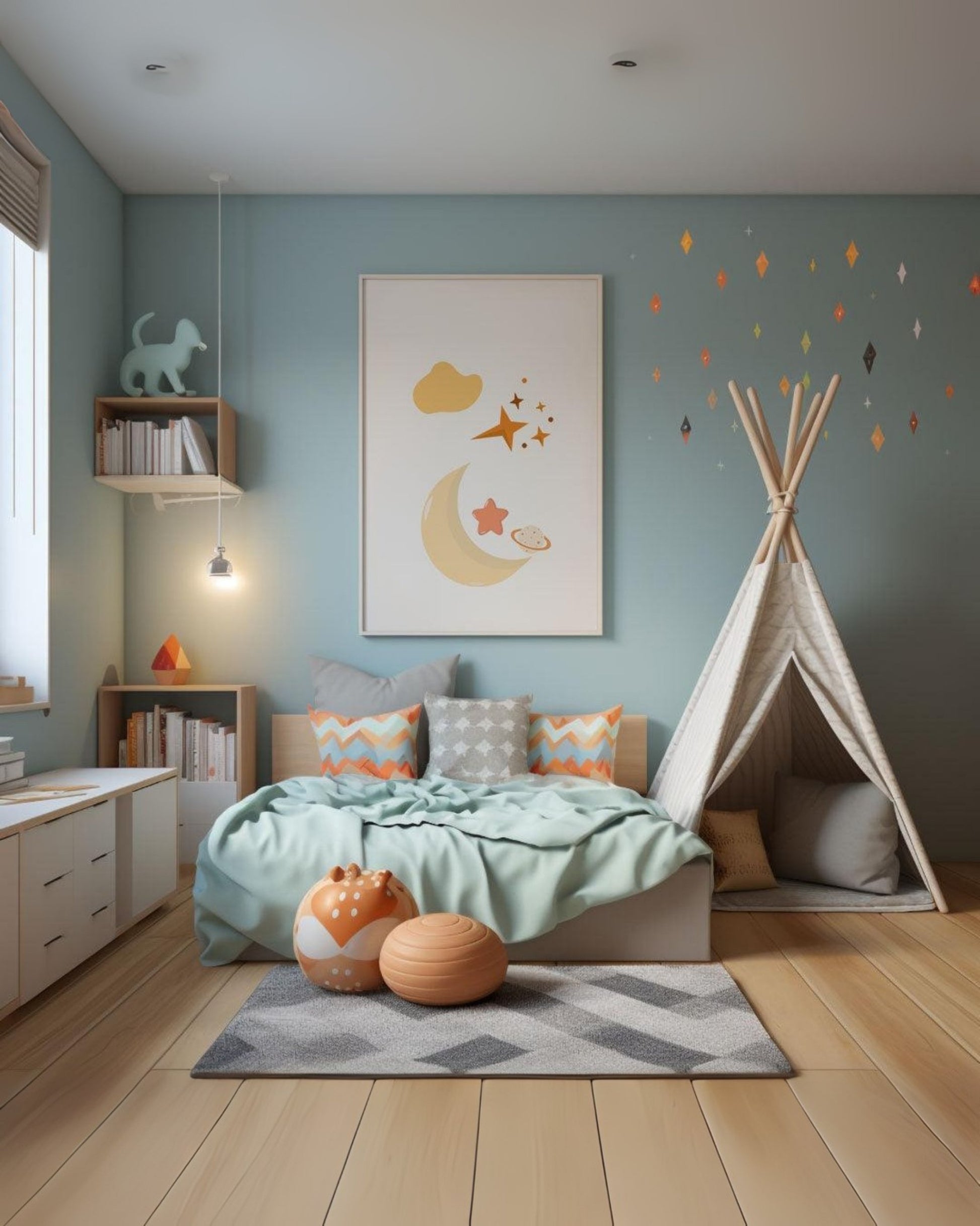 Poster con luna e stelle appeso in una cameretta per bambini, accanto a un letto con cuscini colorati e una tenda teepee decorativa.