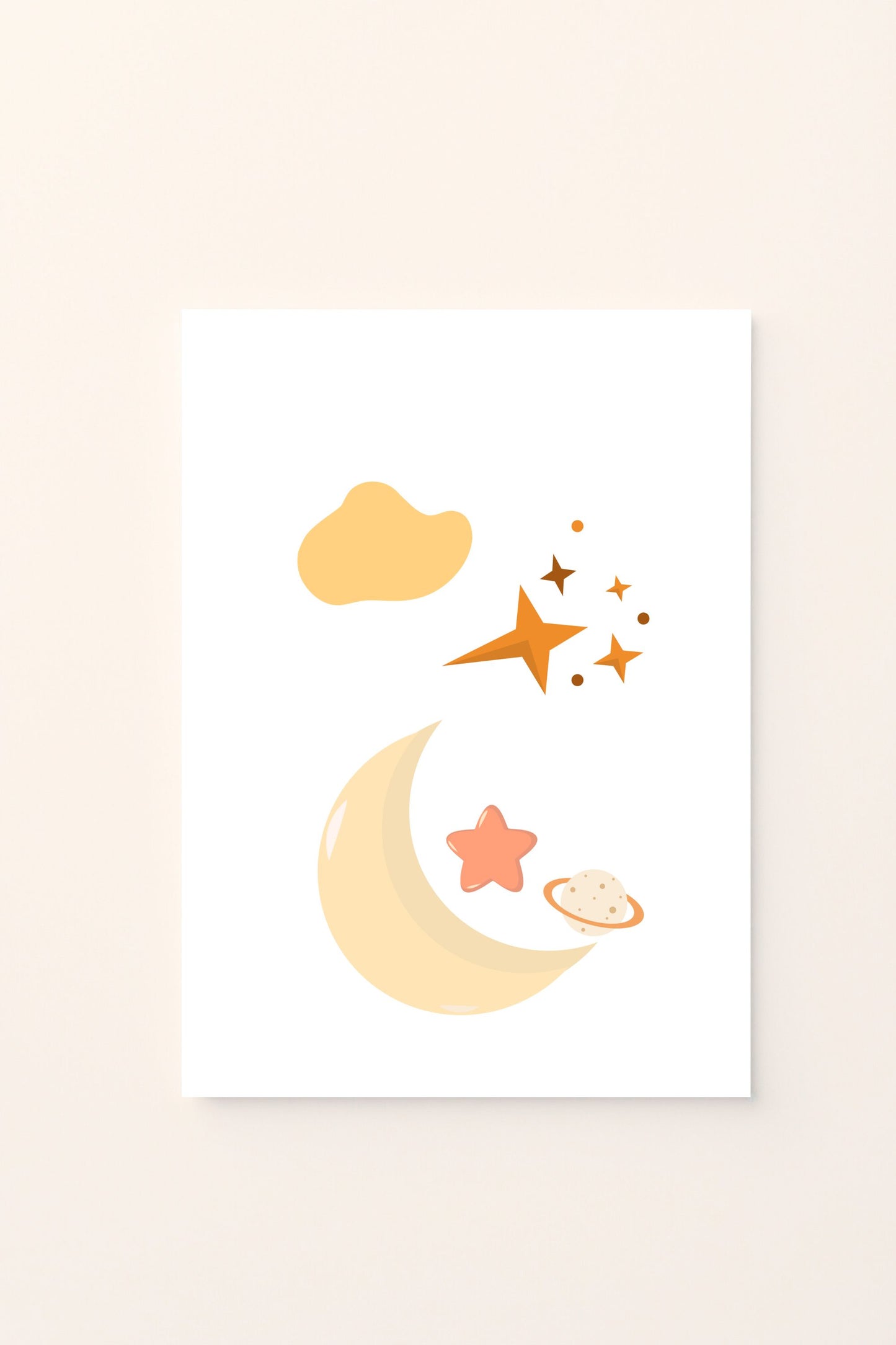Poster illustrato con luna, stelle e pianeta su sfondo rosato, ideale per decorare la cameretta dei bambini e creare un’atmosfera magica e serena ispirata allo spazio.