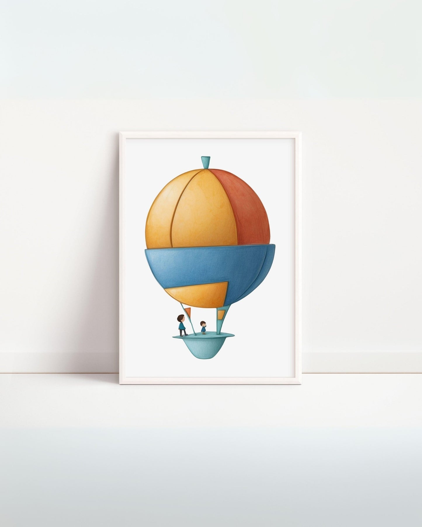 Poster educativo con mongolfiera rotonda a colori, cornice bianca su parete minimal