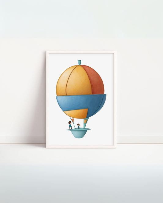 Poster educativo con mongolfiera rotonda a colori, cornice bianca su parete minimal