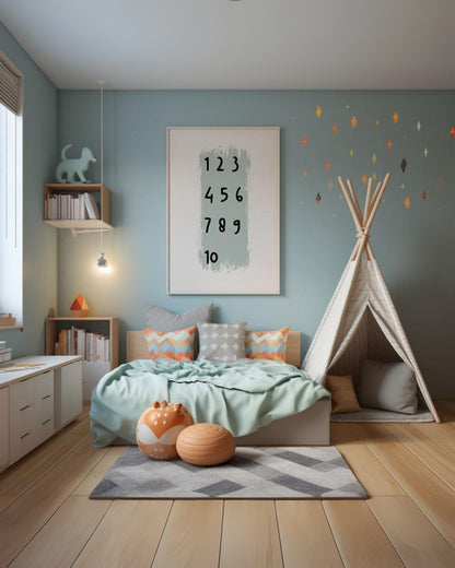 Poster con numeri da 1 a 10 appeso sopra il letto in una cameretta accogliente, con cuscini decorativi, giochi sul pavimento e tenda tipì laterale.
