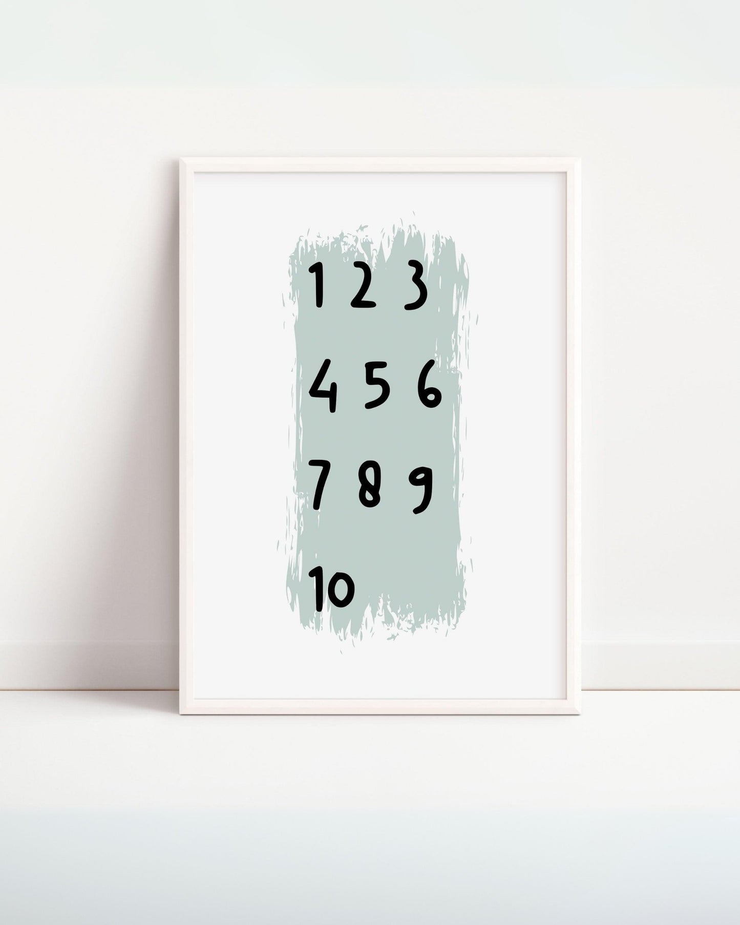 Poster educativo con numeri da 1 a 10 in verticale, sfondo verde chiaro e cornice bianca.