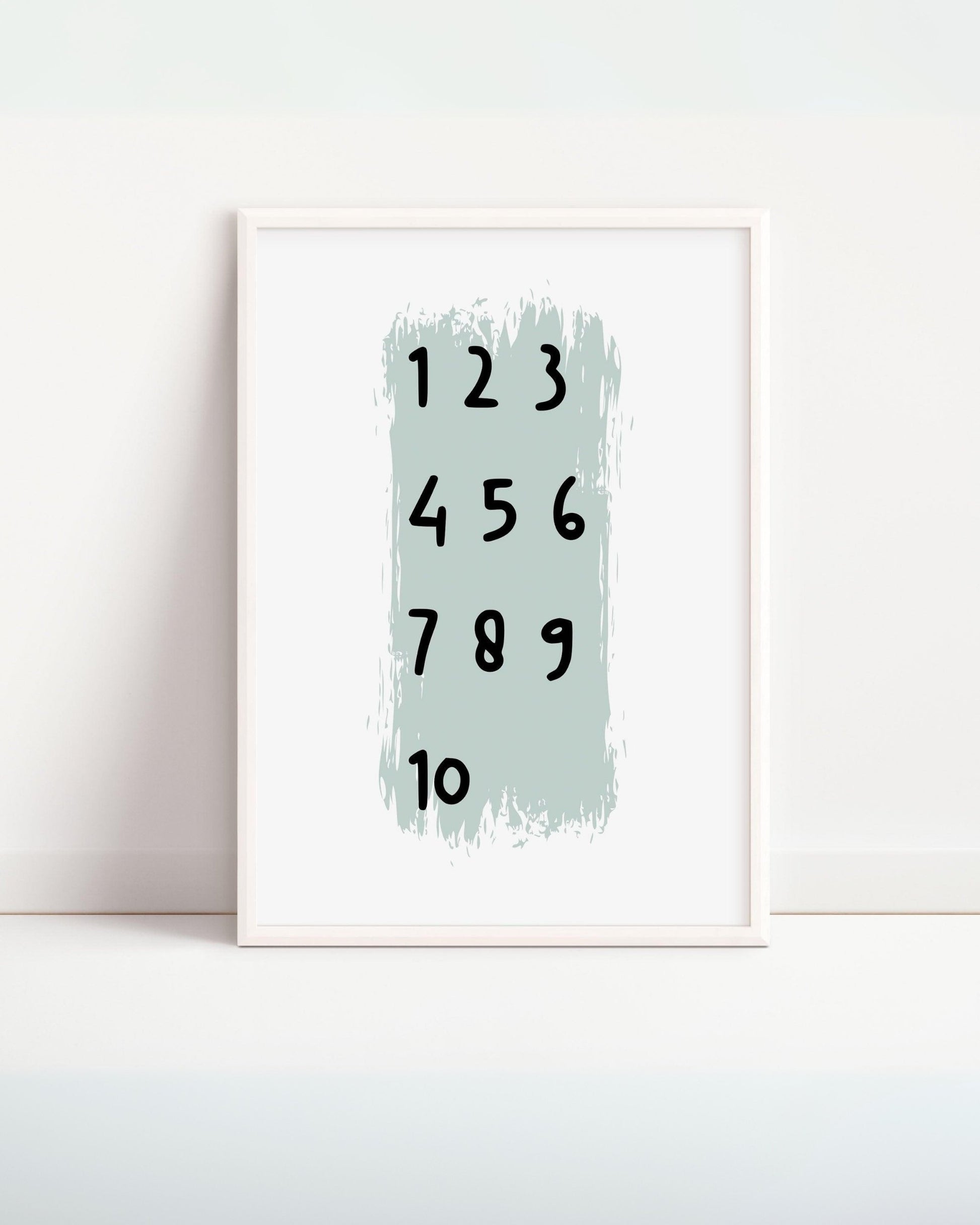 Poster educativo con numeri da 1 a 10 in verticale, sfondo verde chiaro e cornice bianca.