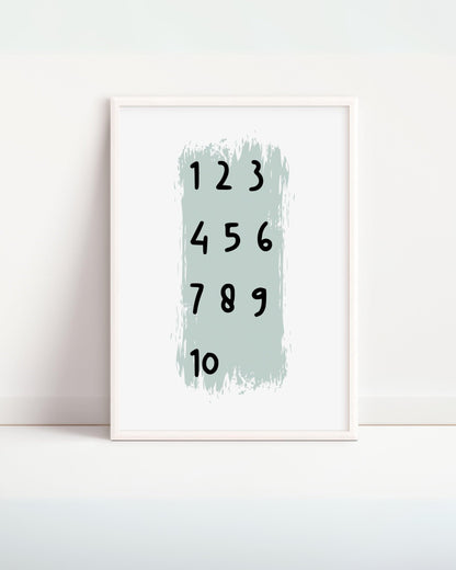 Poster educativo con numeri da 1 a 10 in verticale, sfondo verde chiaro e cornice bianca.