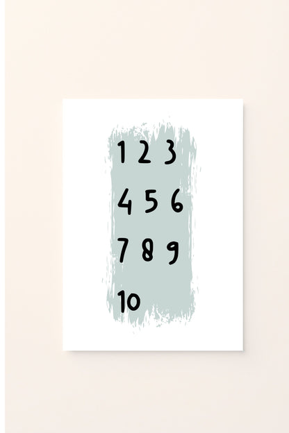 Poster educativo con numeri da 1 a 10 in formato verticale,  su sfondo rosato, ideale per decorare la cameretta e aiutare i bambini a imparare a contare in modo semplice e piacevole.