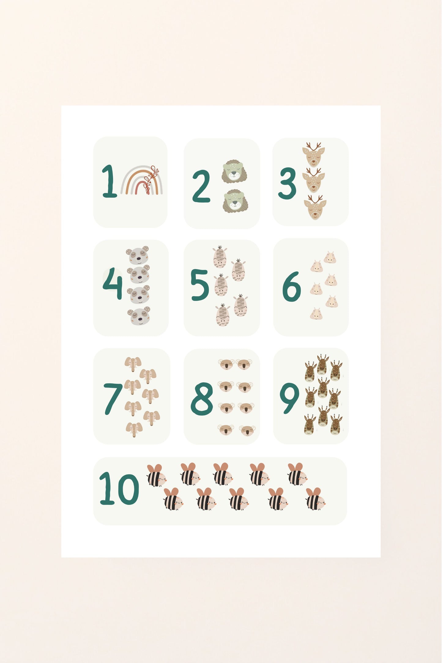 Poster educativo con numeri da 1 a 10 illustrati insieme ad animali, su sfondo rosato, perfetto per decorare la cameretta e aiutare i bambini a imparare i numeri in modo divertente e visivo.
