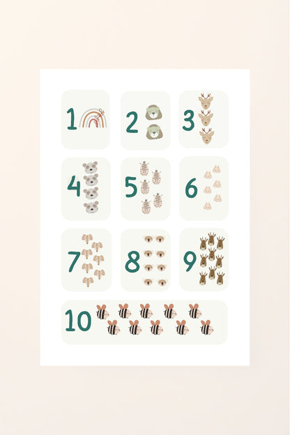 Poster educativo con numeri da 1 a 10 illustrati insieme ad animali, su sfondo rosato, perfetto per decorare la cameretta e aiutare i bambini a imparare i numeri in modo divertente e visivo.