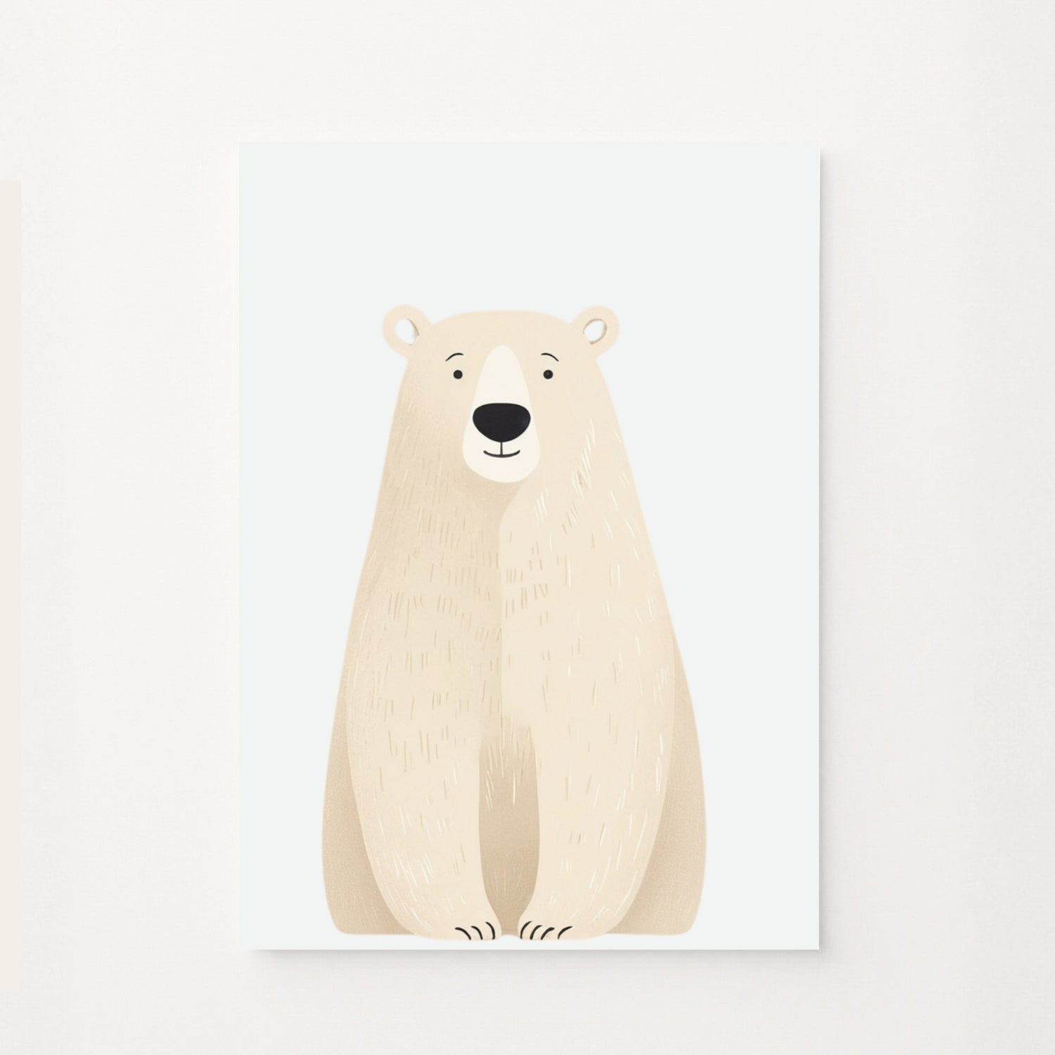 Poster decorativo per bambini con un orso polare  su sfondo bianco. Design dolce e rassicurante.