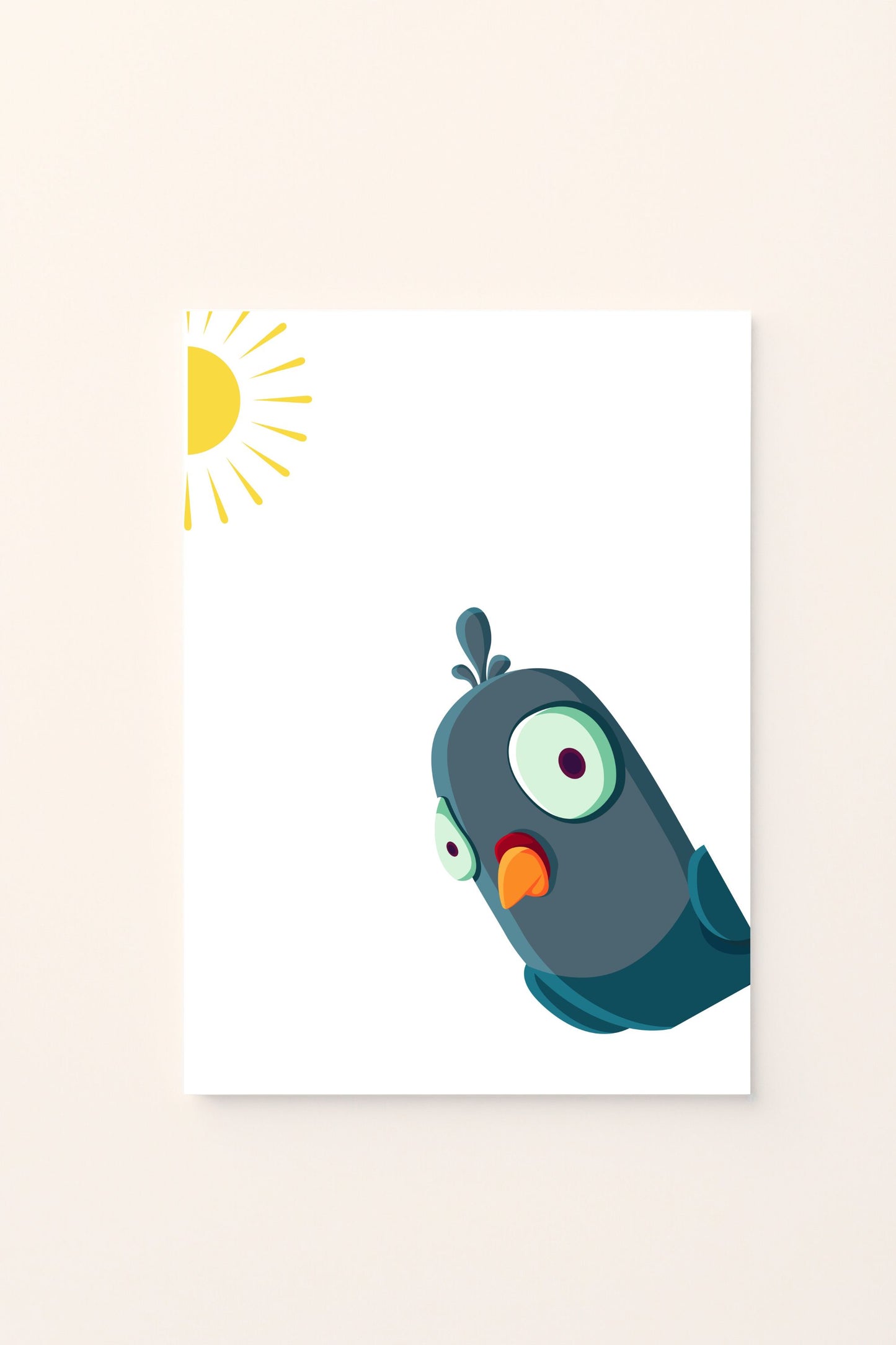 Poster illustrato con pappagallo blu al sole su sfondo rosato, perfetto per decorare la cameretta dei bambini con un tocco vivace e tropicale.