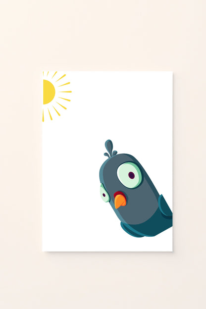 Poster illustrato con pappagallo blu al sole su sfondo rosato, perfetto per decorare la cameretta dei bambini con un tocco vivace e tropicale.