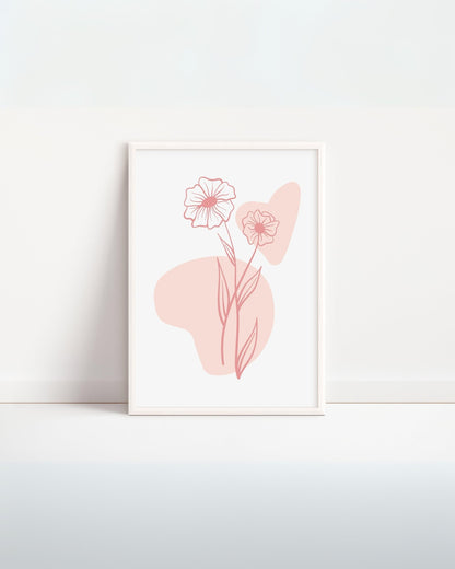Poster digitale minimalista con due fiori stilizzati e cuore astratto rosa.