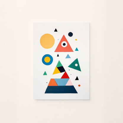 Poster astratto per bambini con triangoli e cerchi colorati in stile educativo.