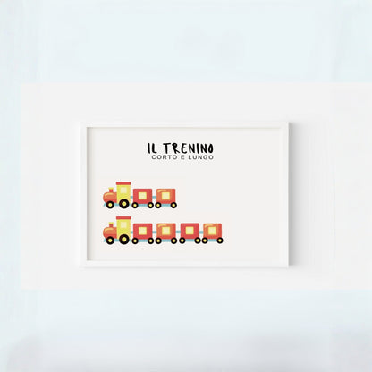 poster con trenino corto e trenino lungo in cornice bianca appoggiata al muro.
