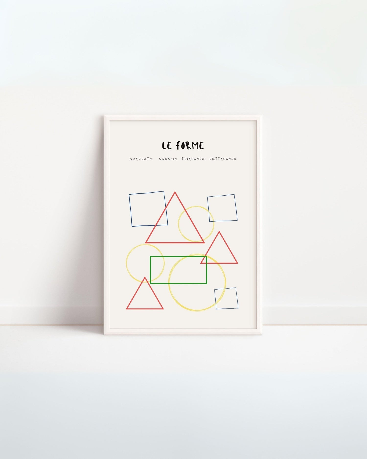 Poster con disegni di forme geometriche colorate (quadrati, cerchi, triangoli e rettangolo) in cornice bianca appoggiata al muro.