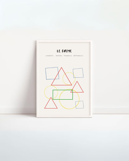 Poster con disegni di forme geometriche colorate (quadrati, cerchi, triangoli e rettangolo) in cornice bianca appoggiata al muro.