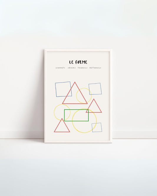 Poster con disegni di forme geometriche colorate (quadrati, cerchi, triangoli e rettangolo) in cornice bianca appoggiata al muro.