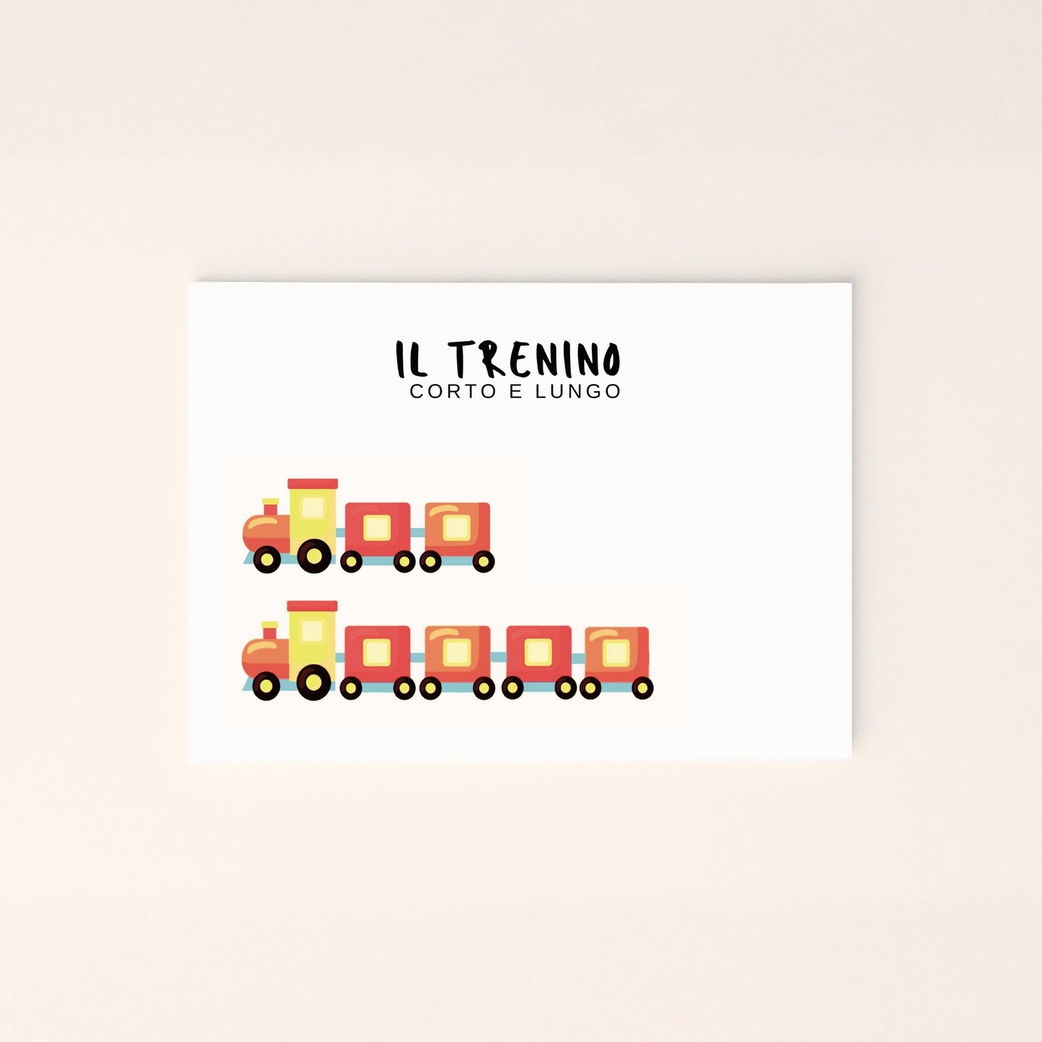 Poster educativo da stampare peer bambini  con due trenini di lunghezze diverse per insegnare il concetto di corto e lungo.