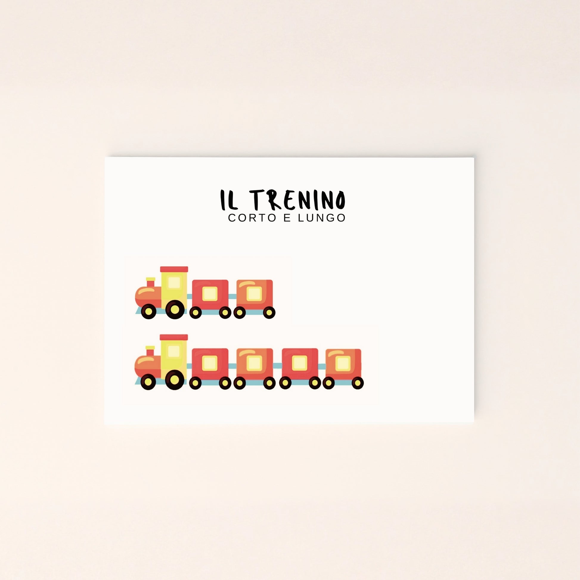 Poster educativo da stampare peer bambini  con due trenini di lunghezze diverse per insegnare il concetto di corto e lungo.