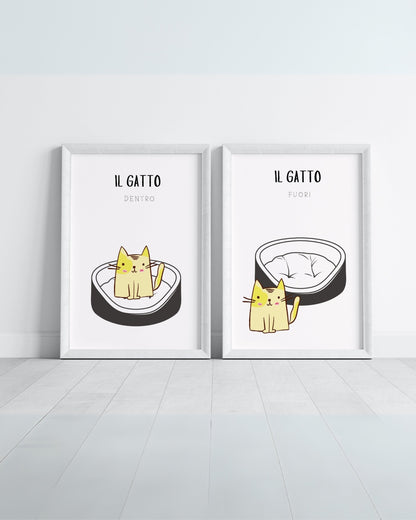 Poster per bambini con un gatto giallo raffigurato dentro e fuori dalla sua cuccia, design minimal e divertente per cameretta.