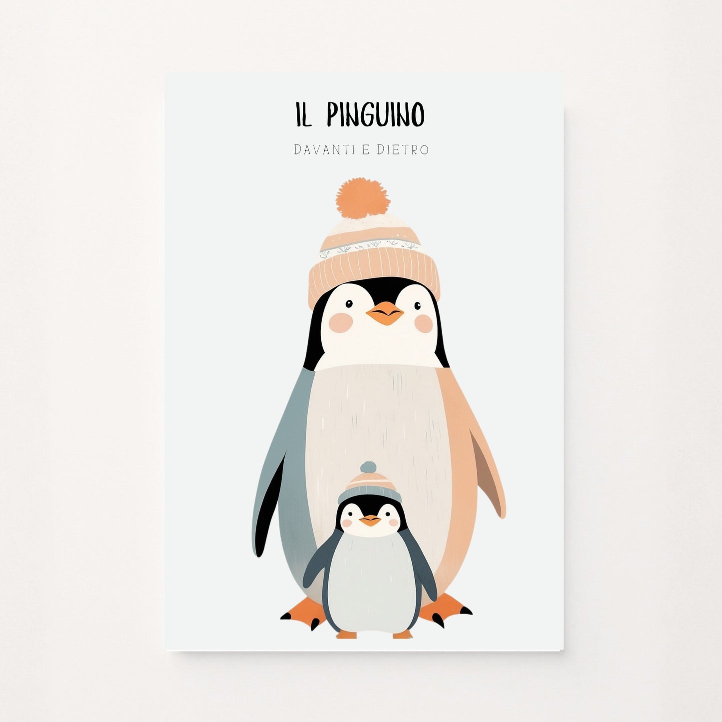 Poster decorativo per bambini con pinguino grande e piccolo, vista davanti e dietro, stile illustrato invernale su sfondo chiaro. Dolce ed educativo.
