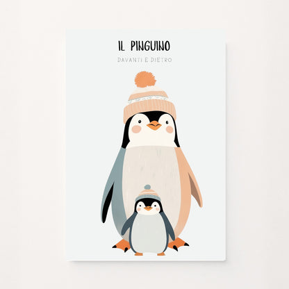 Poster decorativo per bambini con pinguino grande e piccolo, vista davanti e dietro, stile illustrato invernale su sfondo chiaro. Dolce ed educativo.
