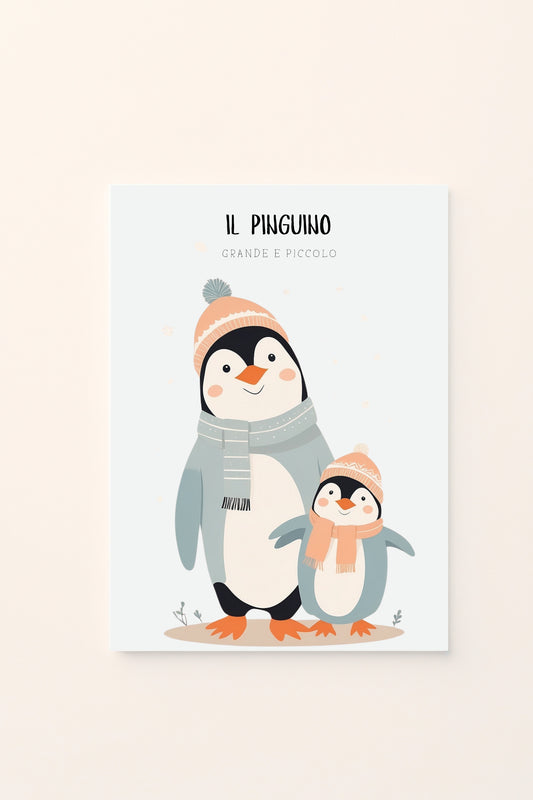Poster decorativo per bambini con pinguino grande e pinguino piccolo, stile illustrato invernale su sfondo chiaro. Dolce ed educativo.
