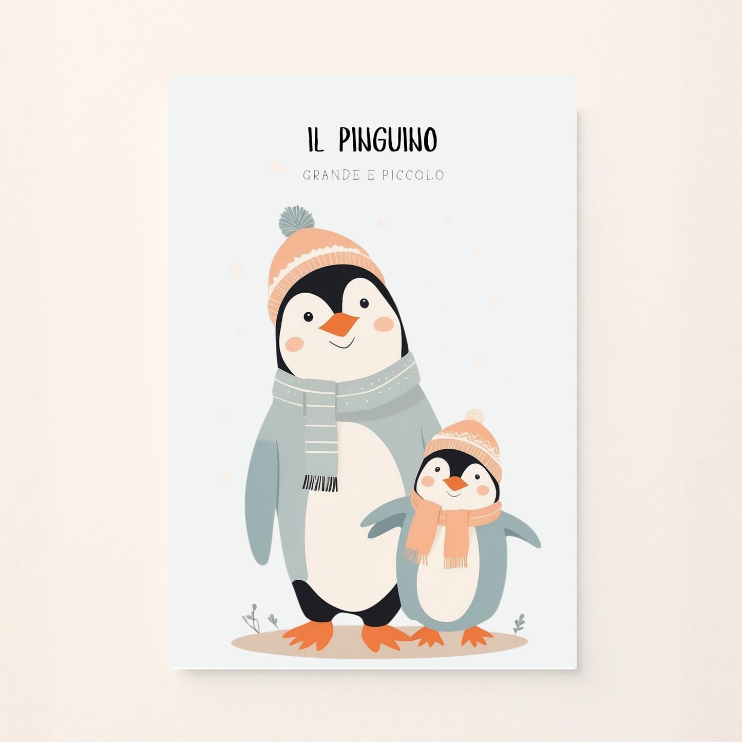 Poster decorativo per bambini con pinguino grande e pinguino piccolo, stile illustrato invernale su sfondo chiaro. Dolce ed educativo.