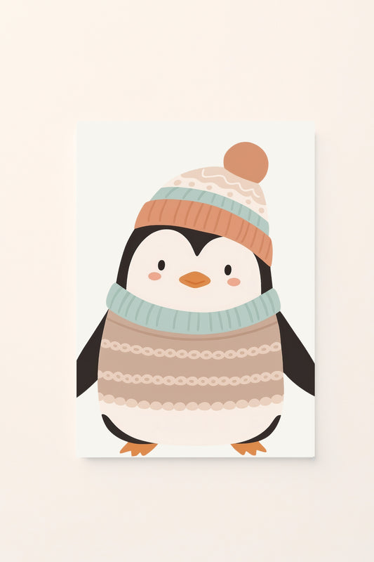 Poster decorativo per bambini con un pinguino cartoon in cappellino e maglione invernale, su sfondo bianco. Dolce e accogliente.