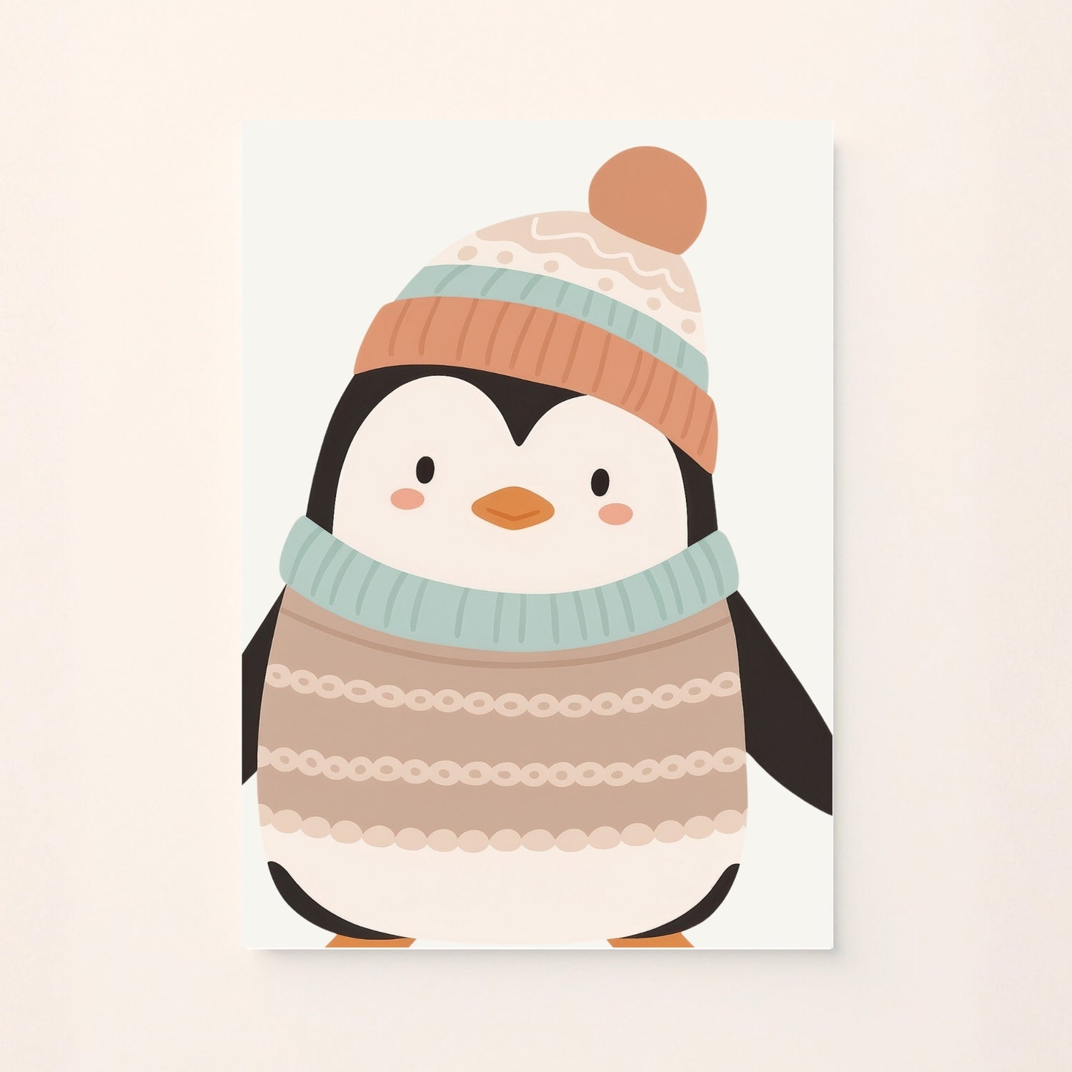Poster decorativo per bambini con un pinguino cartoon in cappellino e maglione invernale, su sfondo bianco. Dolce e accogliente.
