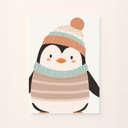 Poster decorativo per bambini con un pinguino cartoon in cappellino e maglione invernale, su sfondo bianco. Dolce e accogliente.