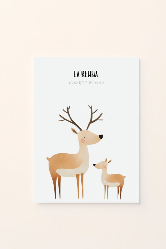 Poster decorativo per bambini con renna grande e renna piccola, illustrazione invernale su sfondo chiaro. Dolce ed educativo.
