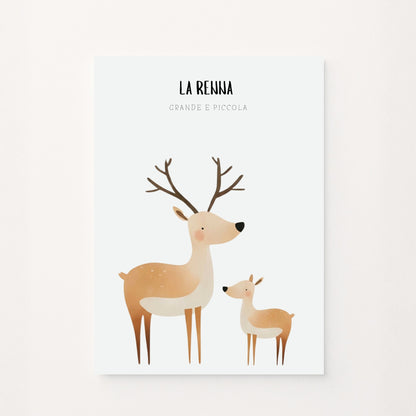 Poster decorativo per bambini con renna grande e renna piccola, illustrazione invernale su sfondo chiaro. Dolce ed educativo.
