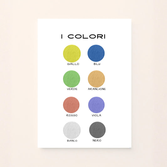 Poster decorativo con tondi colorati su sfondo rosato, ideale per la cameretta dei bambini. Un design semplice e allegro che stimola la percezione visiva e aggiunge un tocco di colore all’ambiente.
