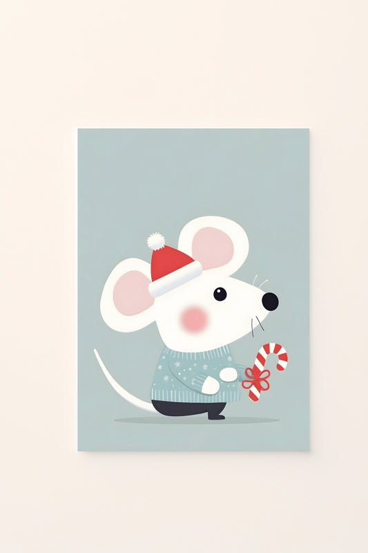 “Poster decorativo per bambini con un topino natalizio che tiene un bastoncino di zucchero su sfondo verde, perfetto per decorare la cameretta in modo dolce e giocoso.”