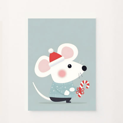 “Poster decorativo per bambini con un topino natalizio che tiene un bastoncino di zucchero su sfondo verde, perfetto per decorare la cameretta in modo dolce e giocoso.”