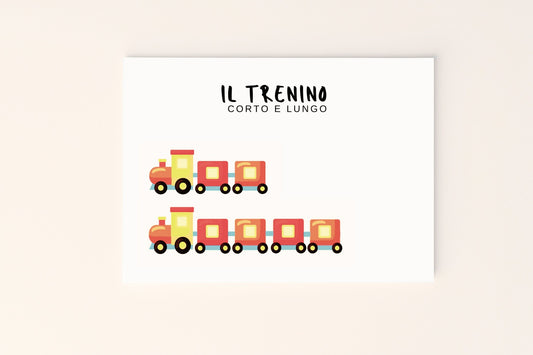 Poster illustrato con trenino corto e lungo su sfondo rosato, perfetto per decorare la cameretta dei bambini e insegnare le differenze di forma e lunghezza in modo giocoso.