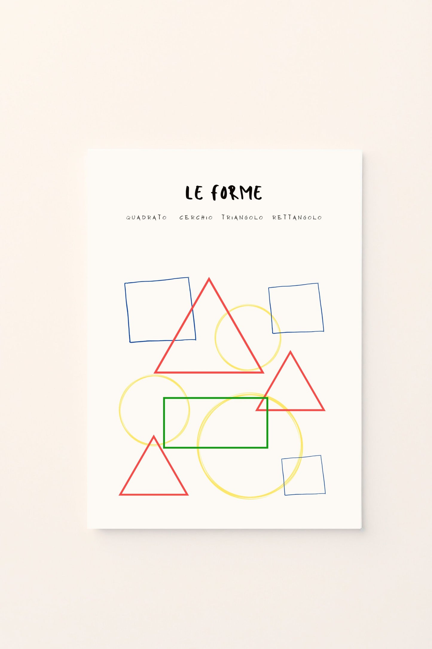 Poster decorativo per bambini con un gioco di triangoli e cerchi , perfetto per la cameretta. Un design educativo e armonioso che aiuta a riconoscere le forme in modo divertente e colorato.
