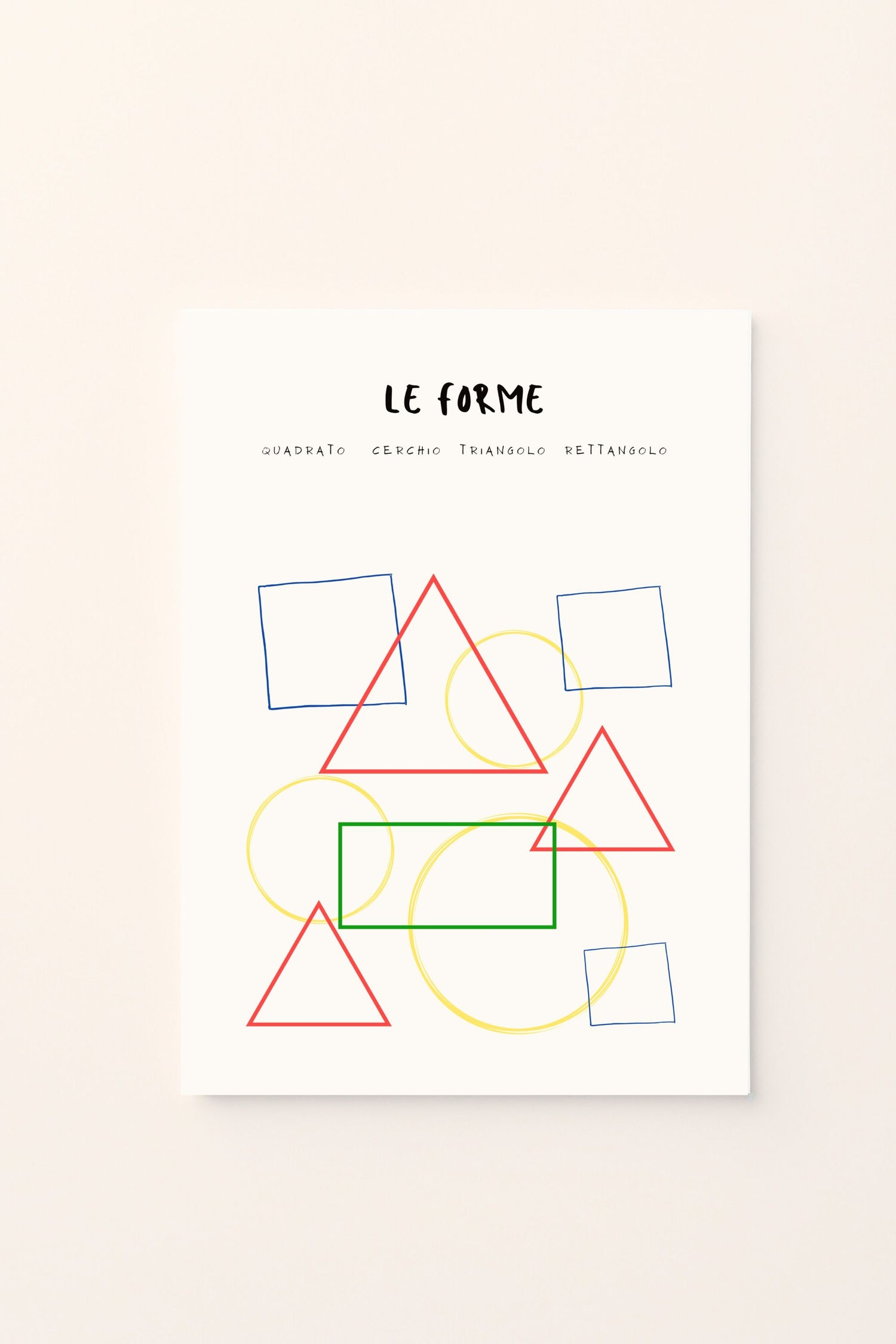 Poster decorativo per bambini con un gioco di triangoli e cerchi , perfetto per la cameretta. Un design educativo e armonioso che aiuta a riconoscere le forme in modo divertente e colorato.
